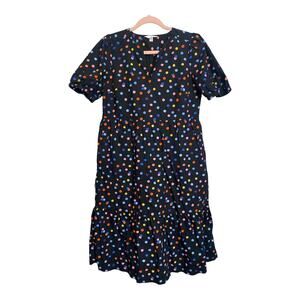 Time Tru Women Colorful Polkadot Black Midi Dress Baloon Sleeve Size S